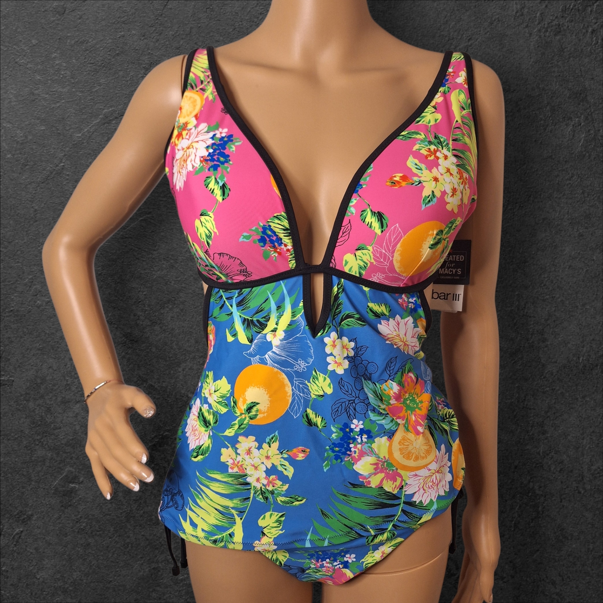 Bar Iii Pink & Blue Floral Citrus Tank One-Piece Swimsuit